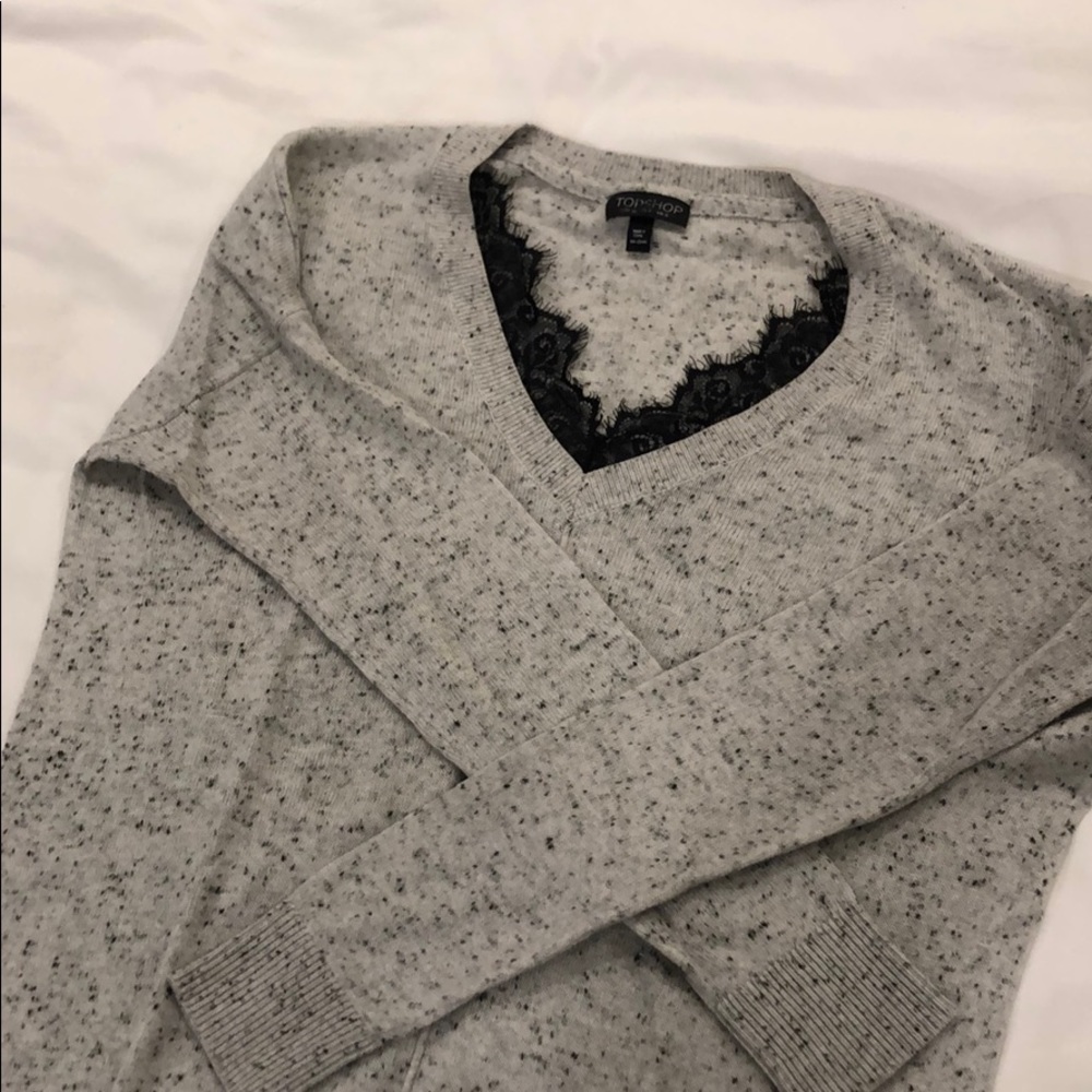 Topshop grey heathered sweater w black lace trim